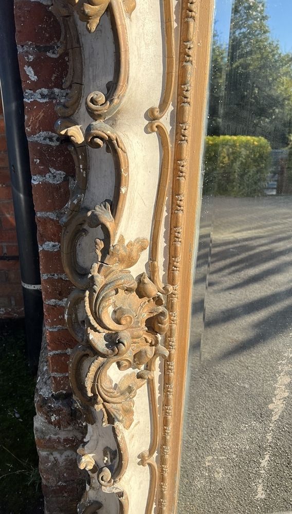 An Exceptional Large Antique English 19th Century Carved Wood & Gesso Original Distressed Gilt And Painted Rococo Style Mirror photo for sale