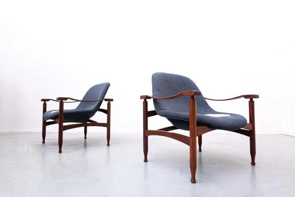 Pair Of Blue Armchairs By Jorge Zalszupin, Wood And Fabric, Brasil, 1960s photo furniture