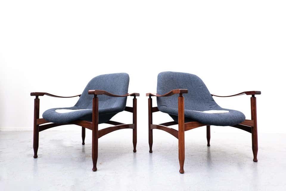 Pair Of Blue Armchairs By Jorge Zalszupin, Wood And Fabric, Brasil, 1960s photo Furniture