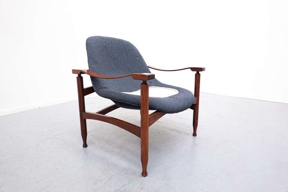 photo for sale Pair Of Blue Armchairs By Jorge Zalszupin, Wood And Fabric, Brasil, 1960s