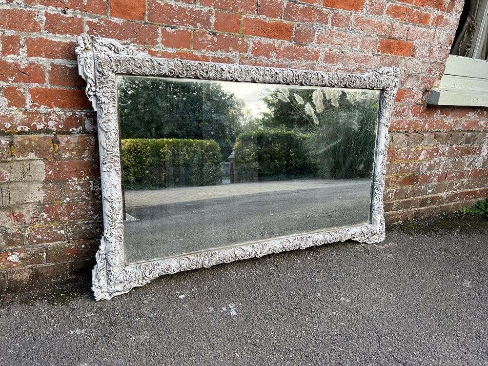 A Wonderful Large Antique French 19th Century Carved Wood & Gesso Slightly Distressed Painted Mirror photo furniture
