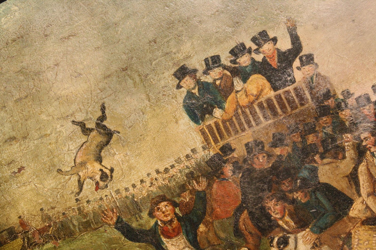 photo furniture Late Naive English School "Bull Broke Loose" Bull Baiting Oil On Canvas