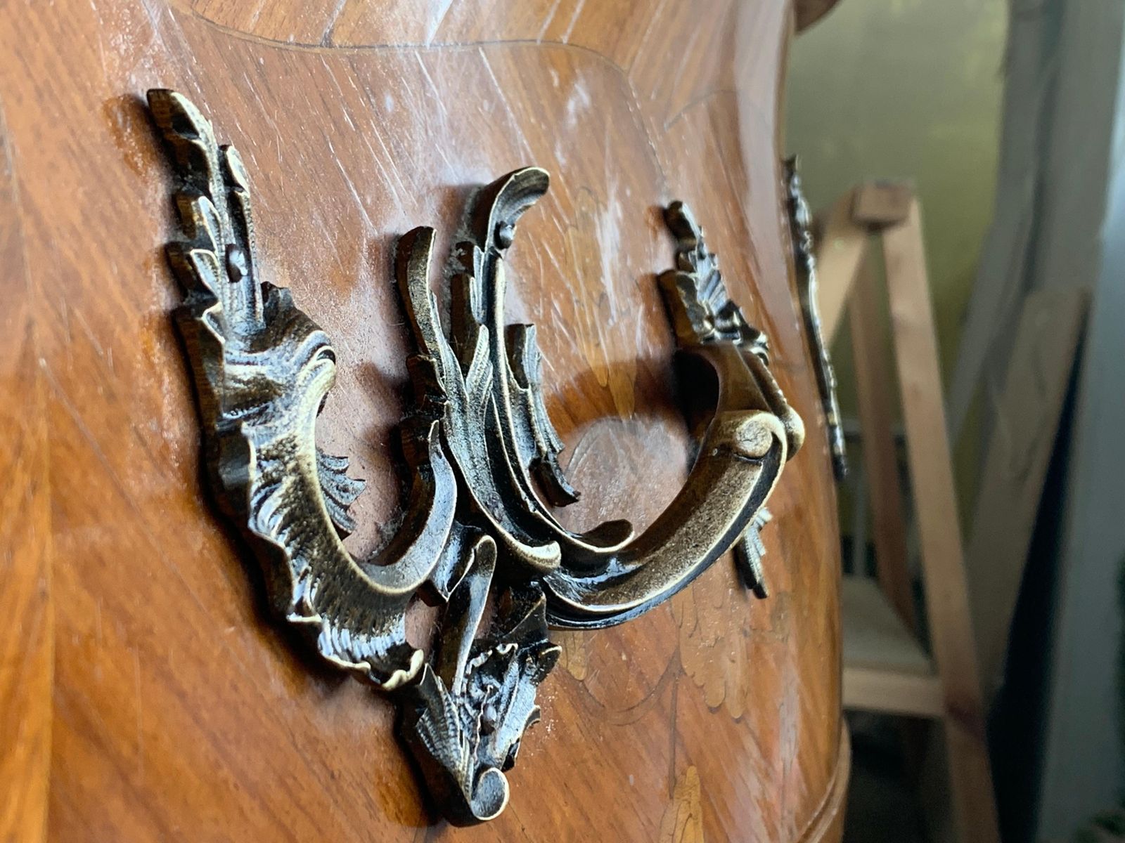 photo buy French Louis XV Style Fine Kingwood And Marquetry Ormolu Mounted Bombe Commode