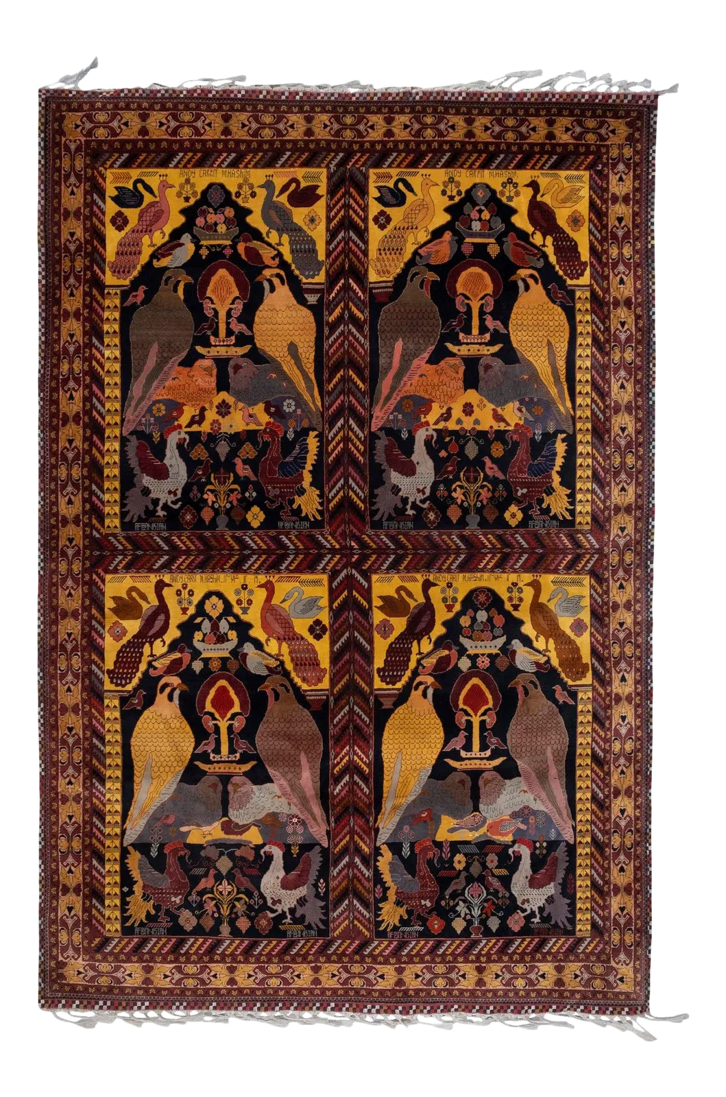 1970s Vintage Botanical Animal Handmade Wool Rug 6'8" X 9'11"