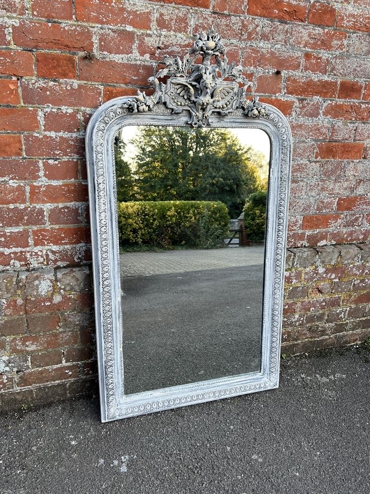 A Wonderful Highly Useful Size Antique French 19th Century Carved Wood & Gesso Arched Top Painted Mirror photo furniture