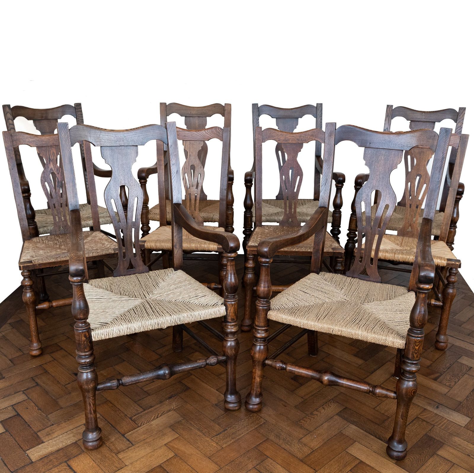 Set Of 10 Antique Carver Arm Chairs With Rush Seats