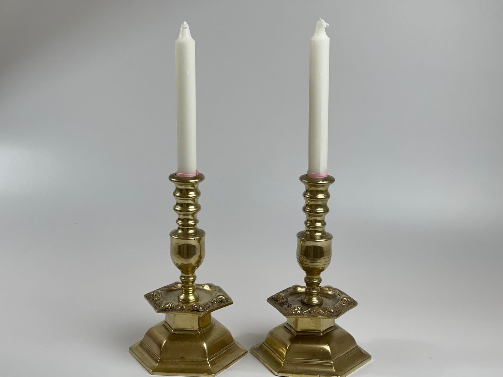 Pair Of Brass Candlesticks In Baroque Style. Hexagonal With Angels, Weight Approx. 2 Kilos Per Candlestick photo furniture