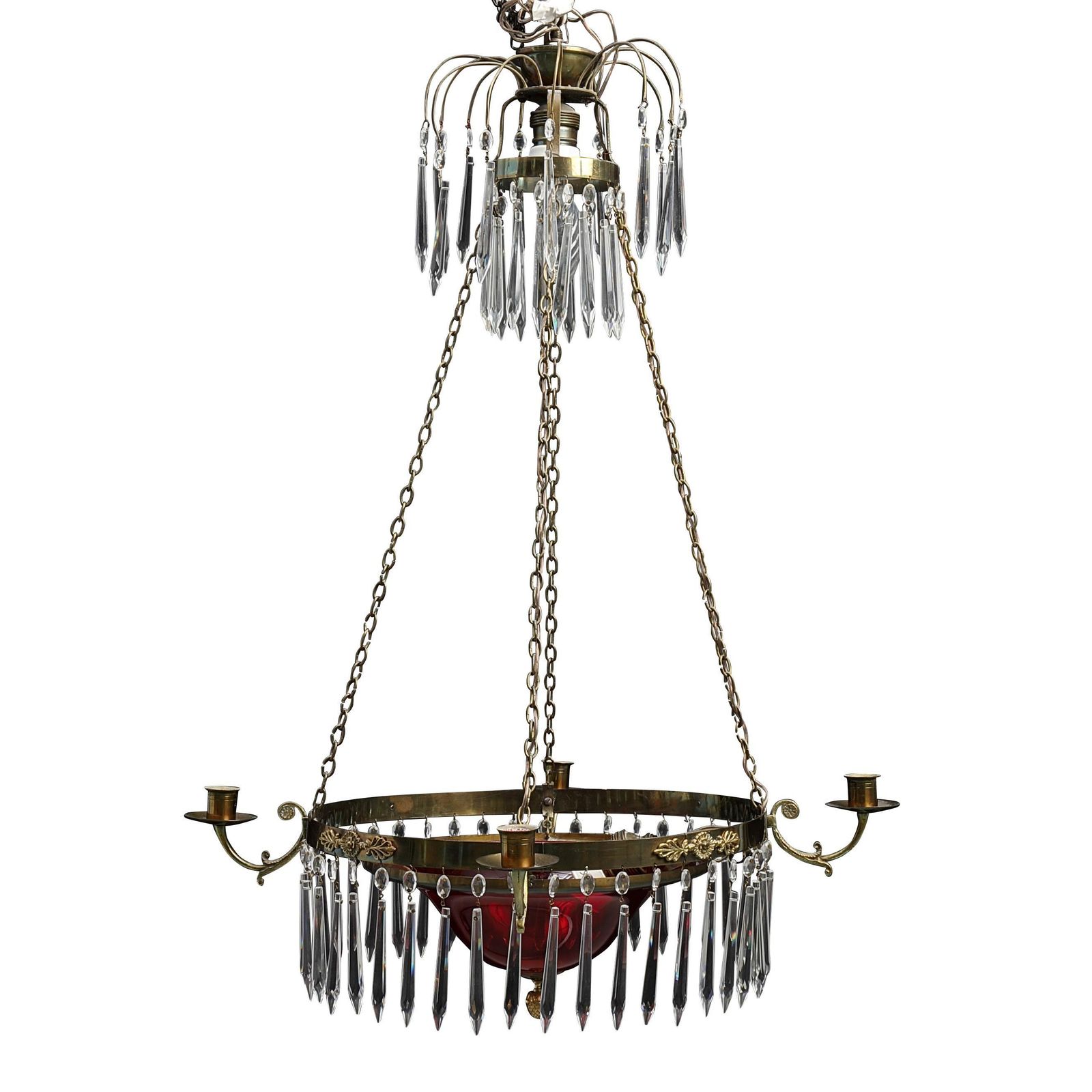 Antique 4 Arm Crystal Empire Chandelier With Red Glass 1900's