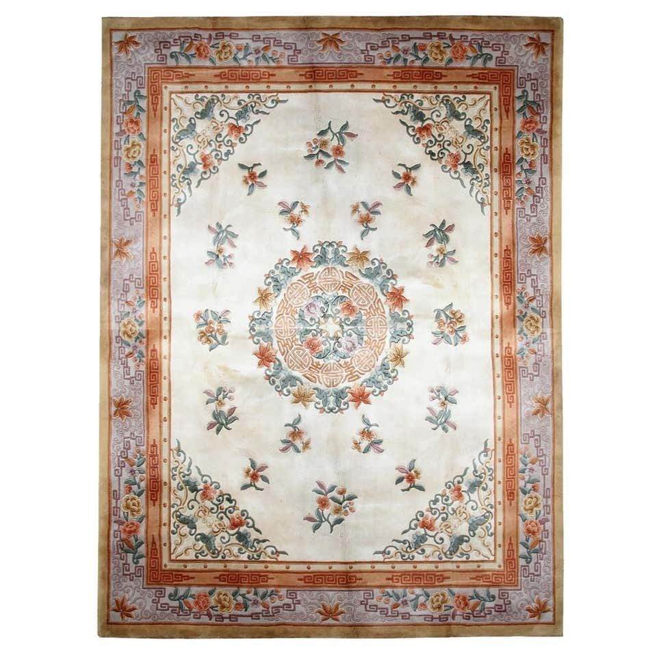 Vintage Chinese Area Rug, Large Handwoven Art Deco Rug Wool Carpet