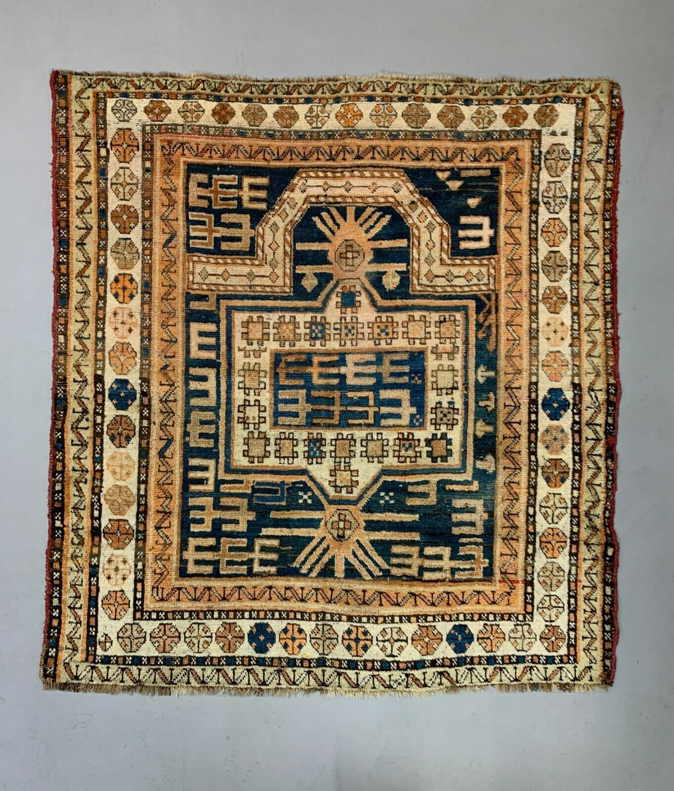 Antique Dagestan Kazak Rug 124x114 Cm Caucasian, Gold, Blue, Rust Square Mediu