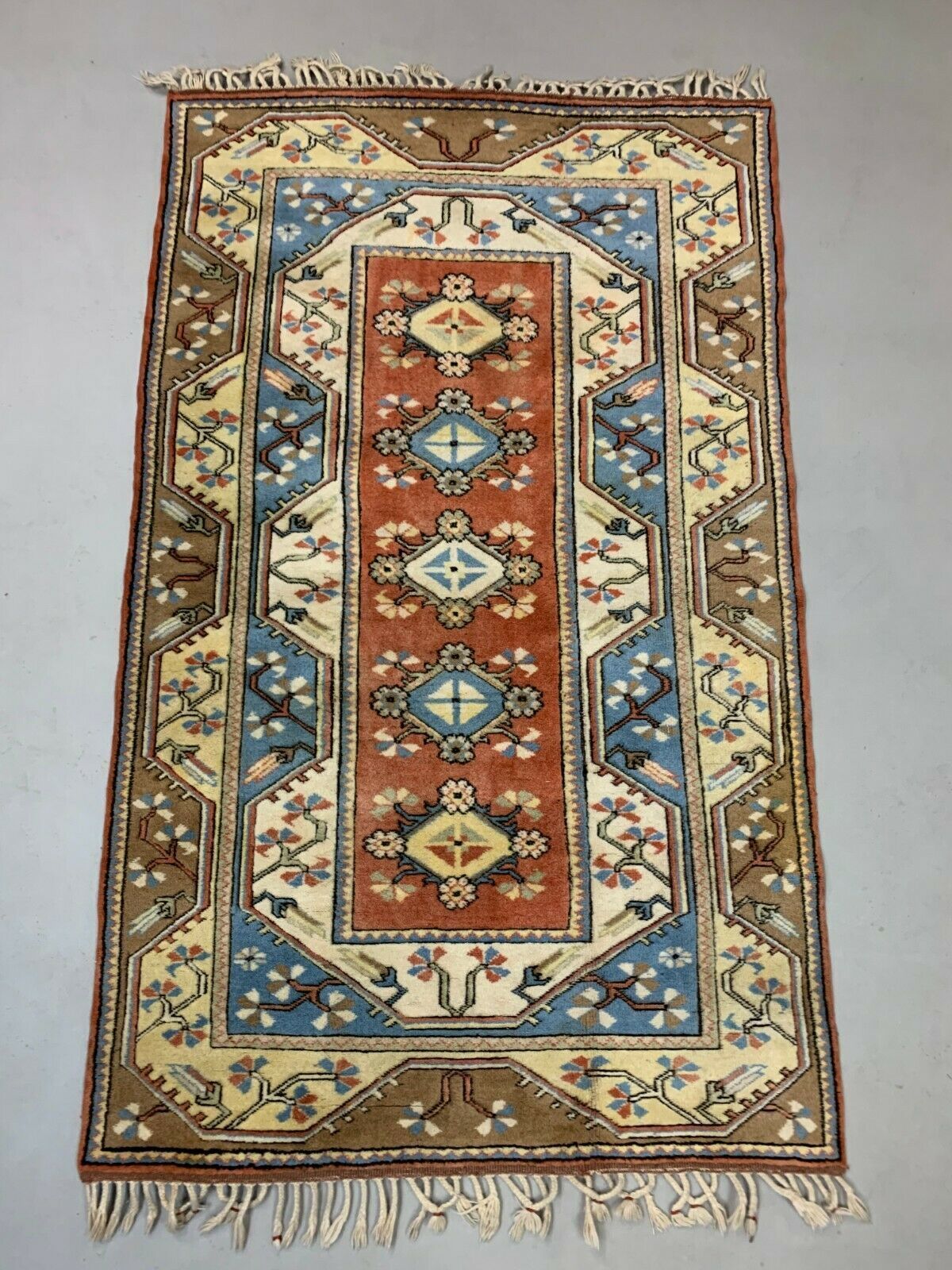 Old Turkish Milas Rug 200x121 Cm Old Vintage Carpet Ushak Region Blue Beige Rust