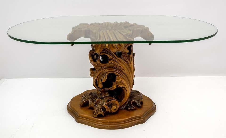 Mid Century Modern Italian Carved Wood Base Large Curls And Leaves Coffee Table photo for sale