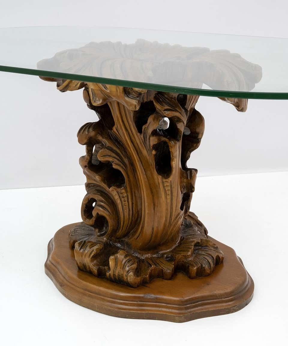 Mid Century Modern Italian Carved Wood Base Large Curls And Leaves Coffee Table photo vinterior