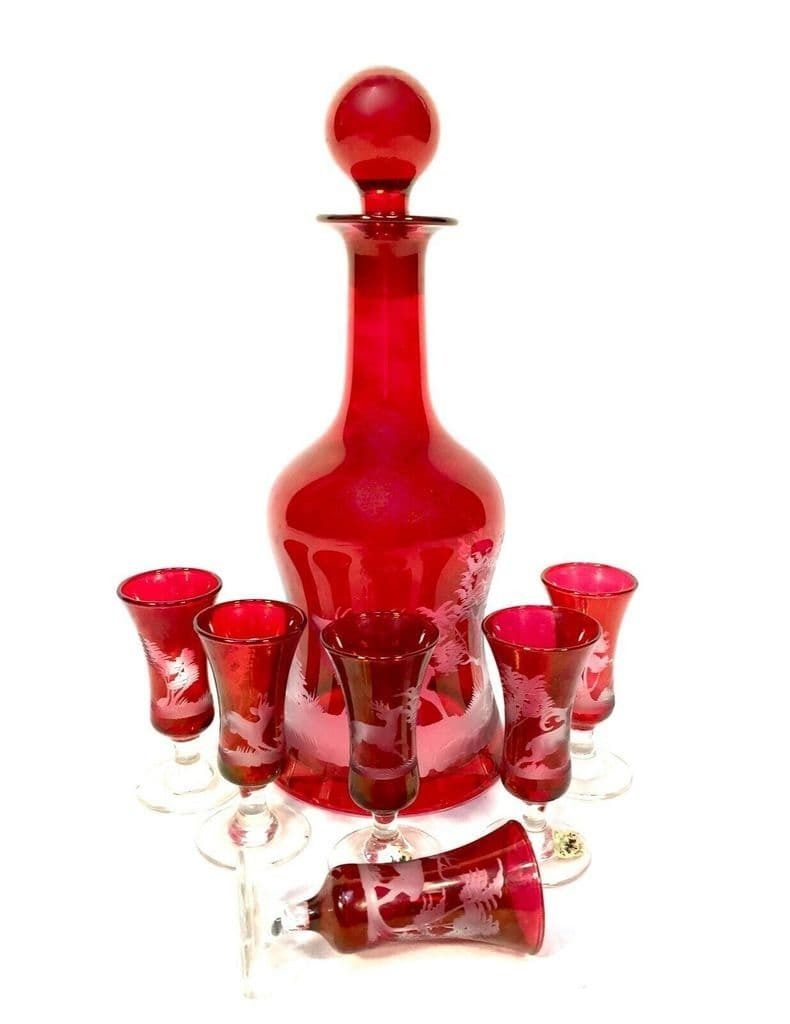 Kisslinger Ruby Red Glass Decanter Set Austrian Antique Liquor photo vinterior