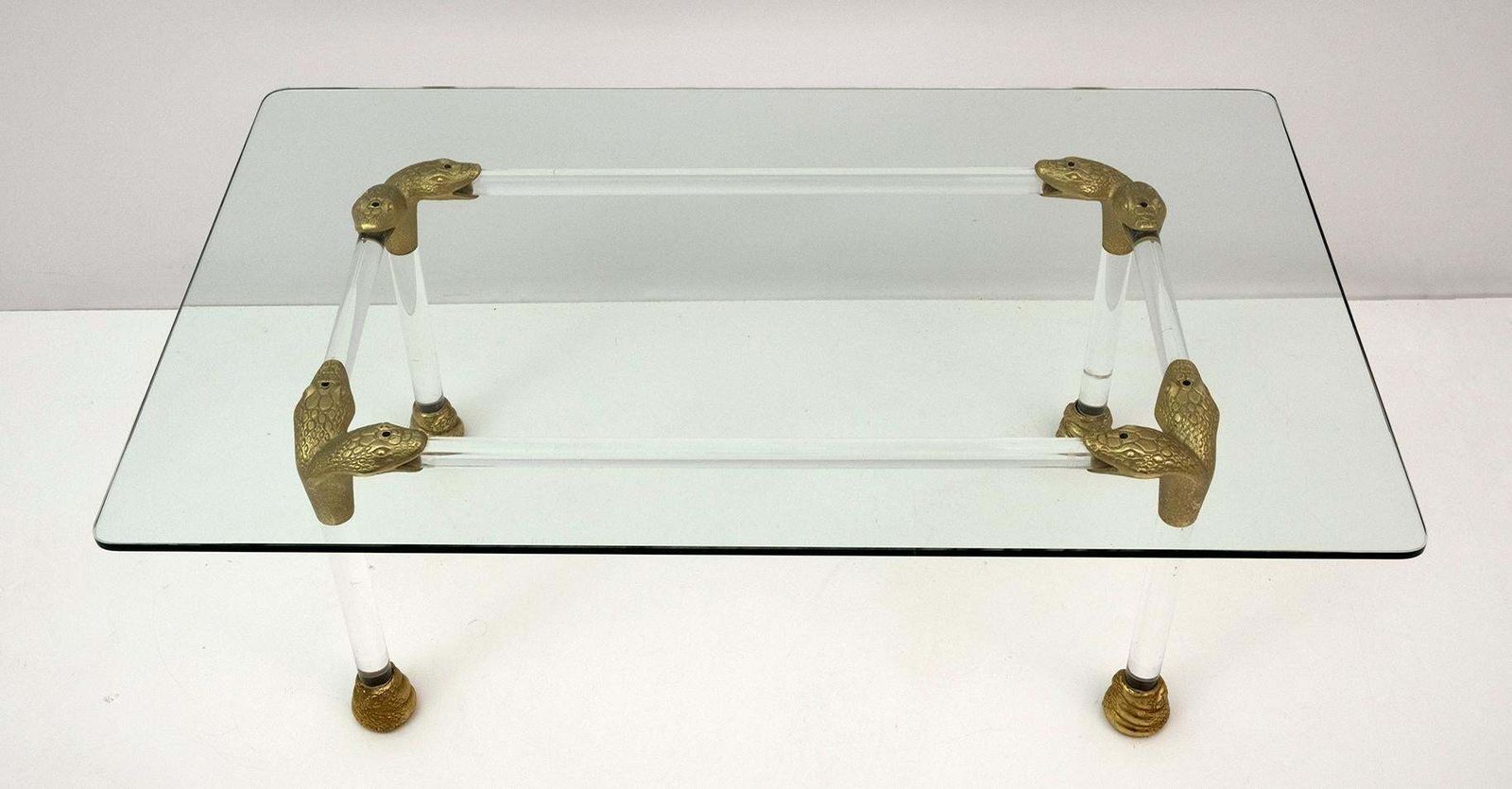 Mid Century Lucite And Brass Italian Coffee Table With Snake Head Details, 1970s photo furniture