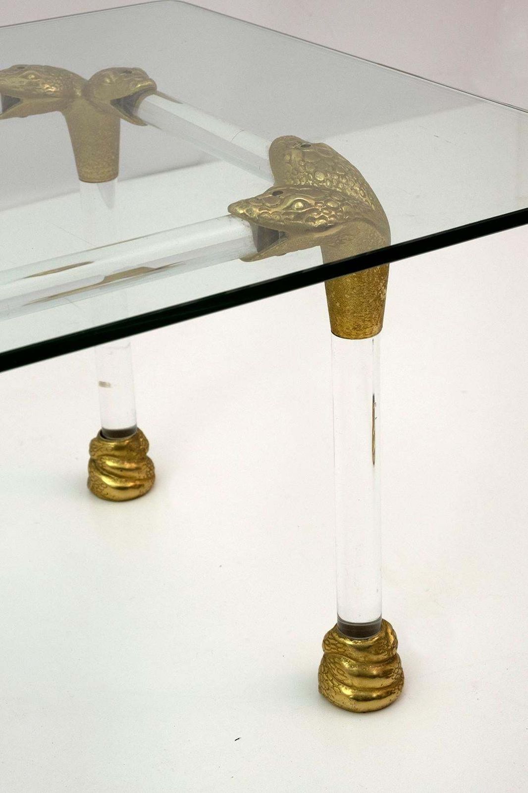 Mid Century Lucite And Brass Italian Coffee Table With Snake Head Details, 1970s photo vintage