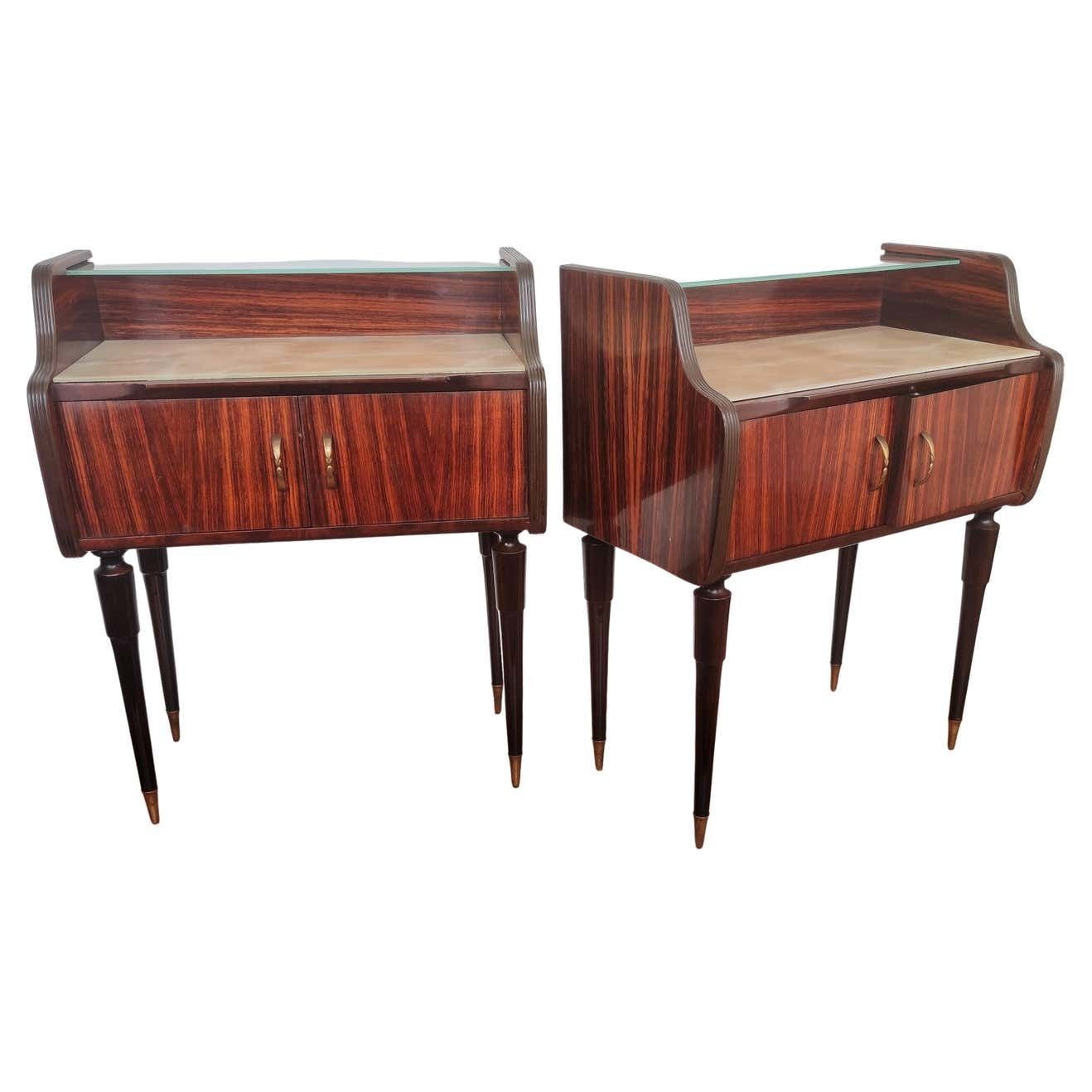 Italian Midcentury Art Deco Nightstands Bed Side Tables Wood Brass & Glass