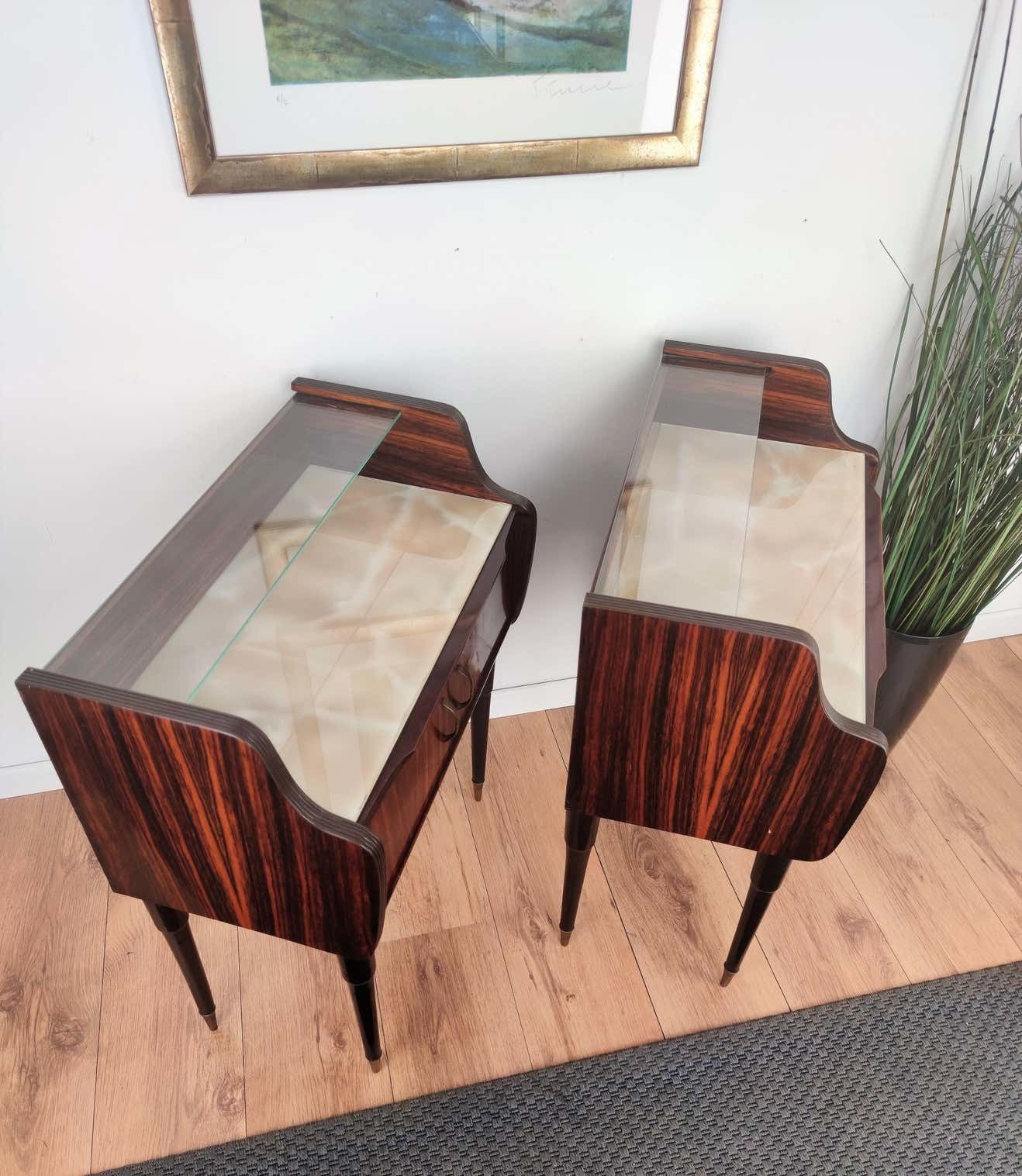 Italian Midcentury Art Deco Nightstands Bed Side Tables Wood Brass & Glass photo for sale
