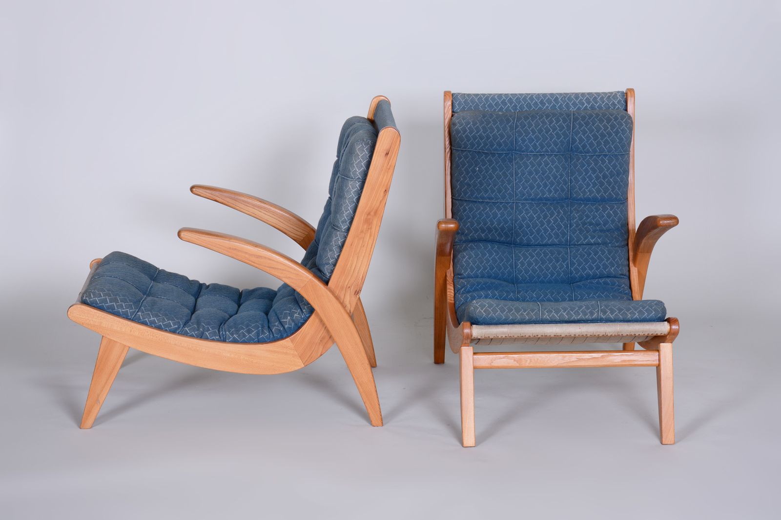 Pair Of Blue Mid Century Armchairs, Designed By Jan Vaněk In The 1950s. Ash.