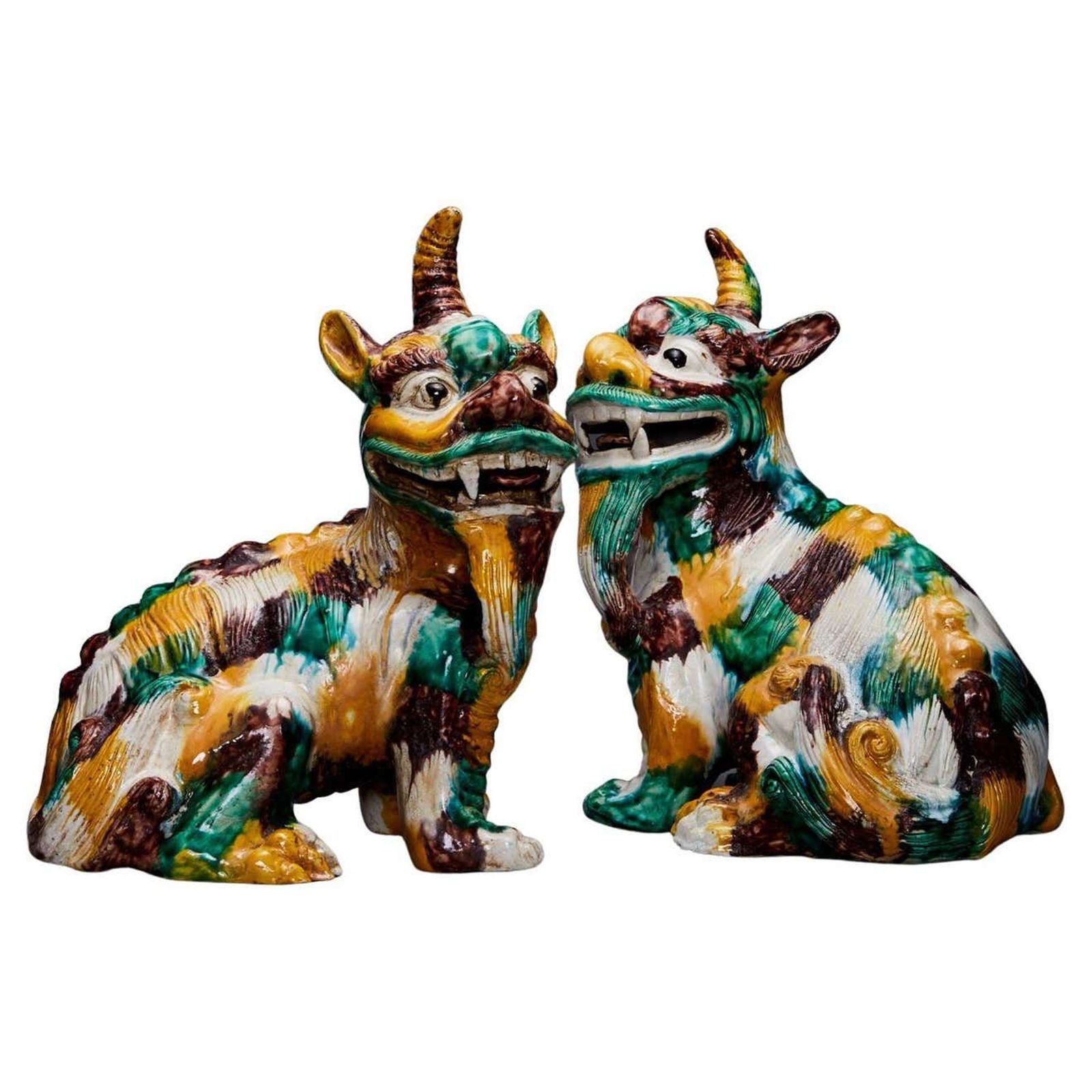 Pair Of Chinese Qilin 20th Century In Sancai Glazed Ceramic