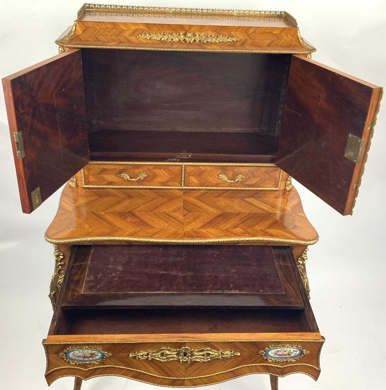 French Kingwood, Gilt Metal And Porcelain Mounted Bonheur Du Jour, Late 19th Century photo vintage