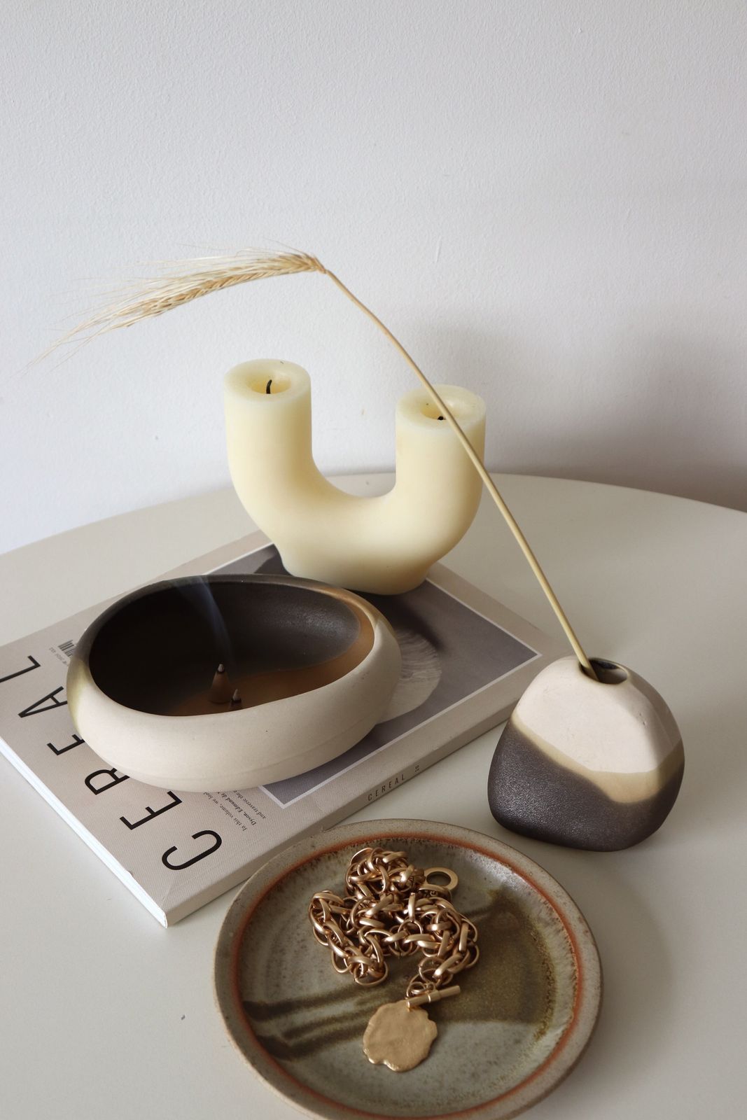 Vintage Incense Smudge Pottery Dish And Pocket Vase Duo photo for sale