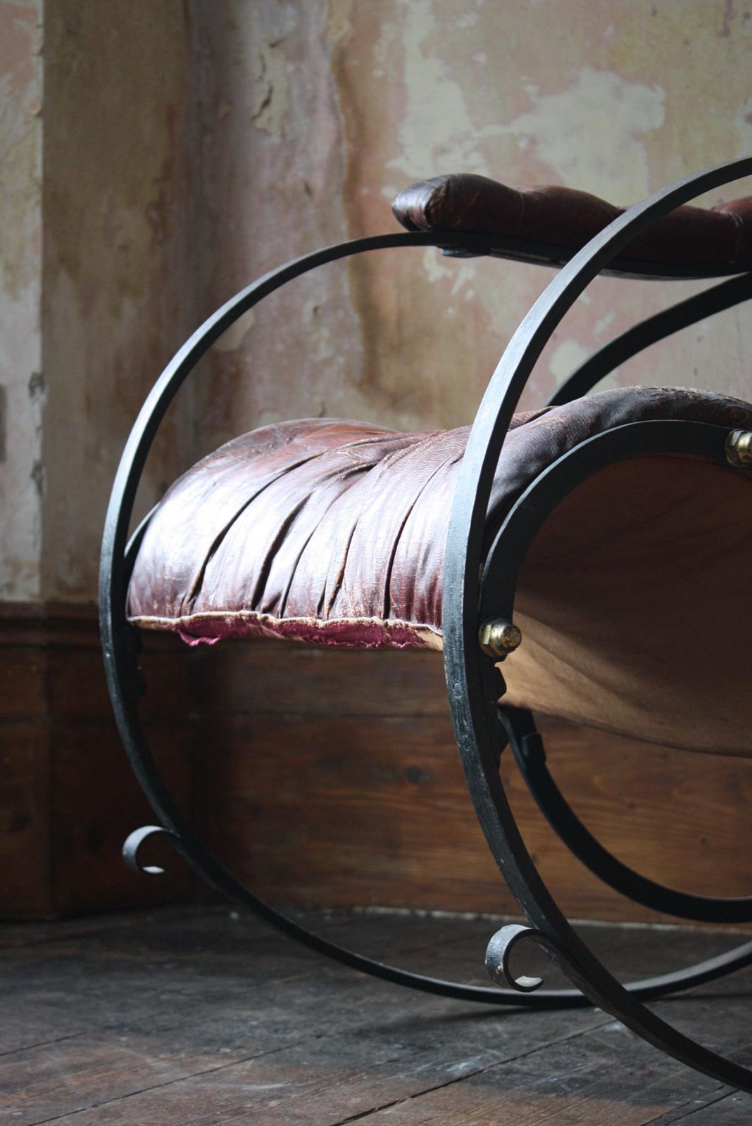 19th C Country House Campaign Ox Blood Leather Iron Rocking Chair R.W. Winfield photo furniture