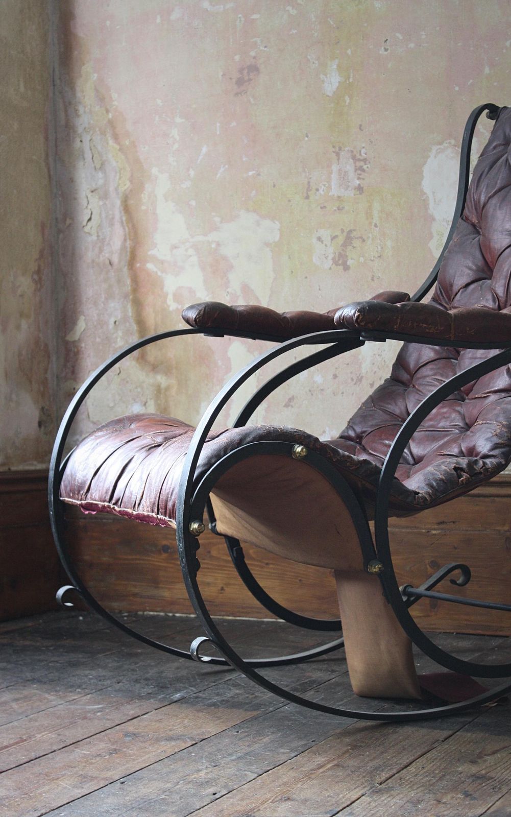 photo vinterior 19th C Country House Campaign Ox Blood Leather Iron Rocking Chair R.W. Winfield