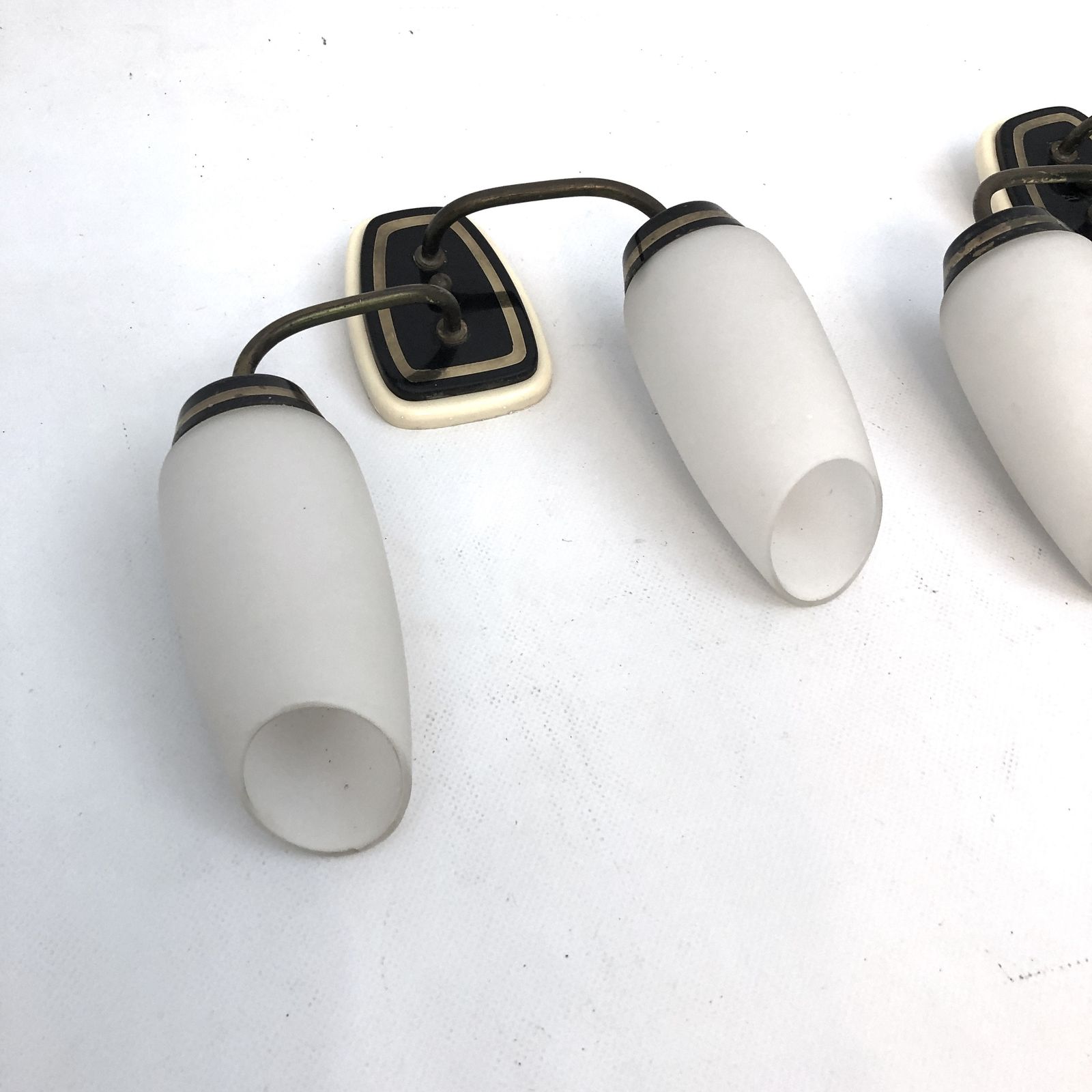 Stilnovo Style, Mid Century Italian Brass And Opaline Glass Sconces. Set Of Two photo Lighting