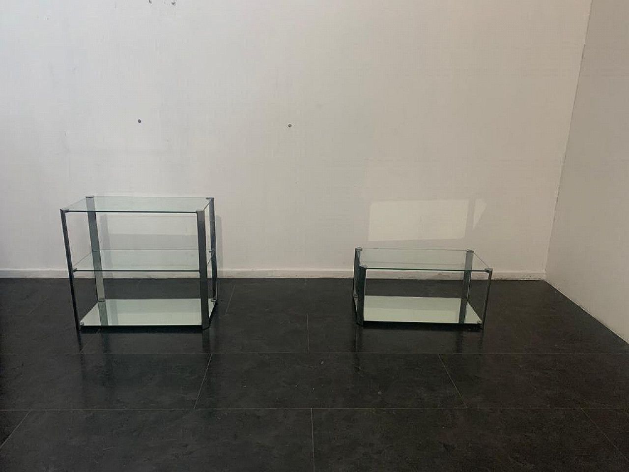 Crystal And Steel Coffee Table And Small Cabinet For Living Room 1970s photo for sale