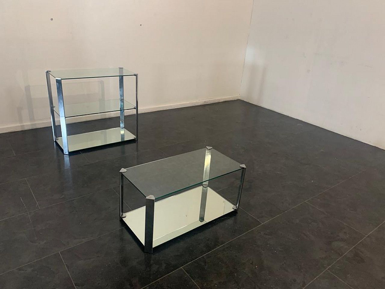Crystal And Steel Coffee Table And Small Cabinet For Living Room 1970s photo 1684.8