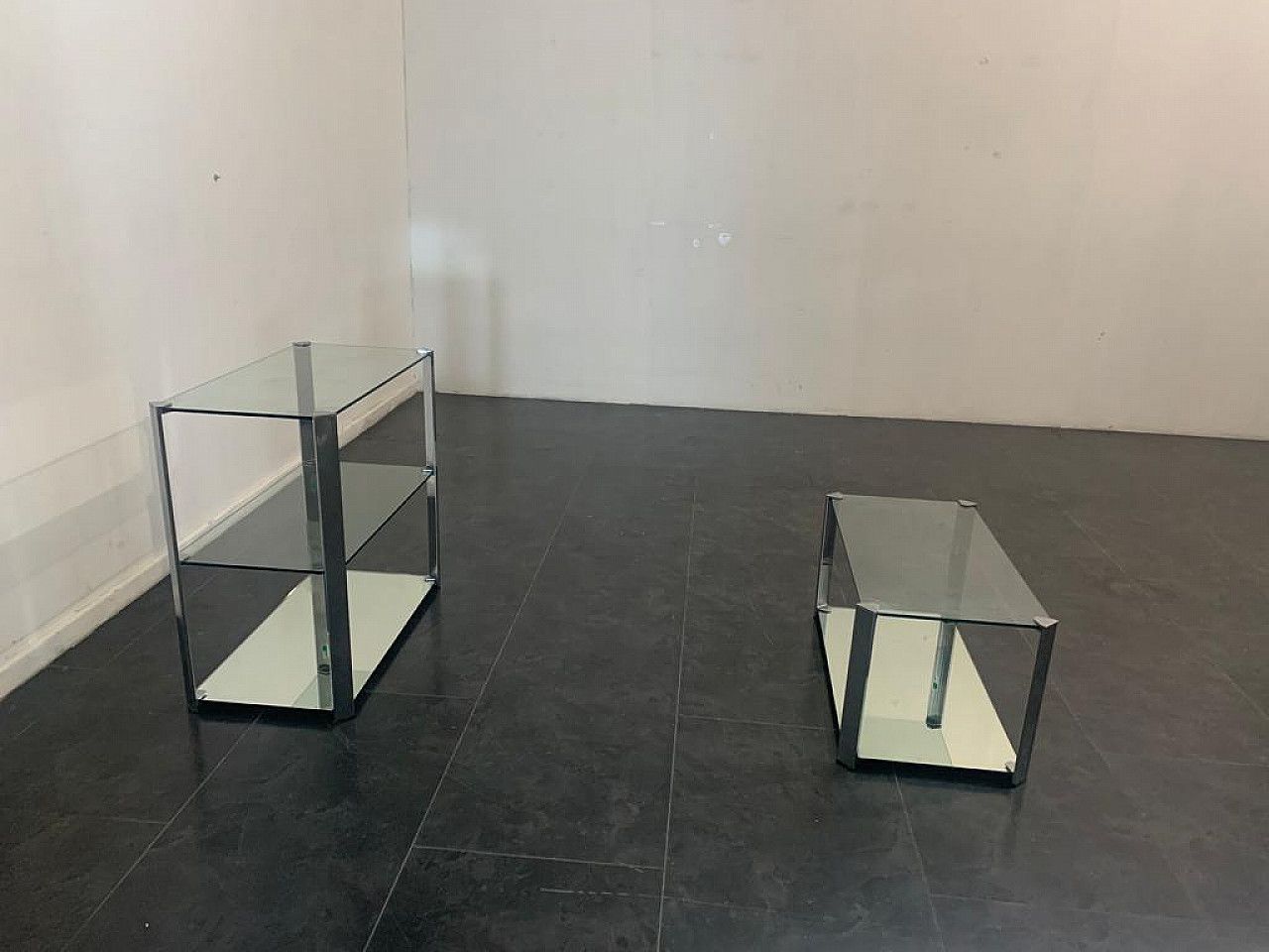 Crystal And Steel Coffee Table And Small Cabinet For Living Room 1970s photo buy