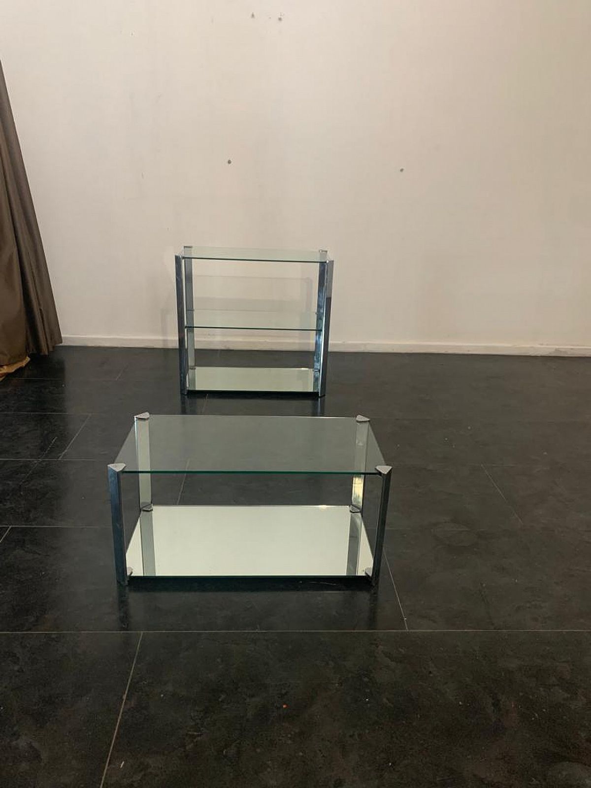 Crystal And Steel Coffee Table And Small Cabinet For Living Room 1970s photo vintage
