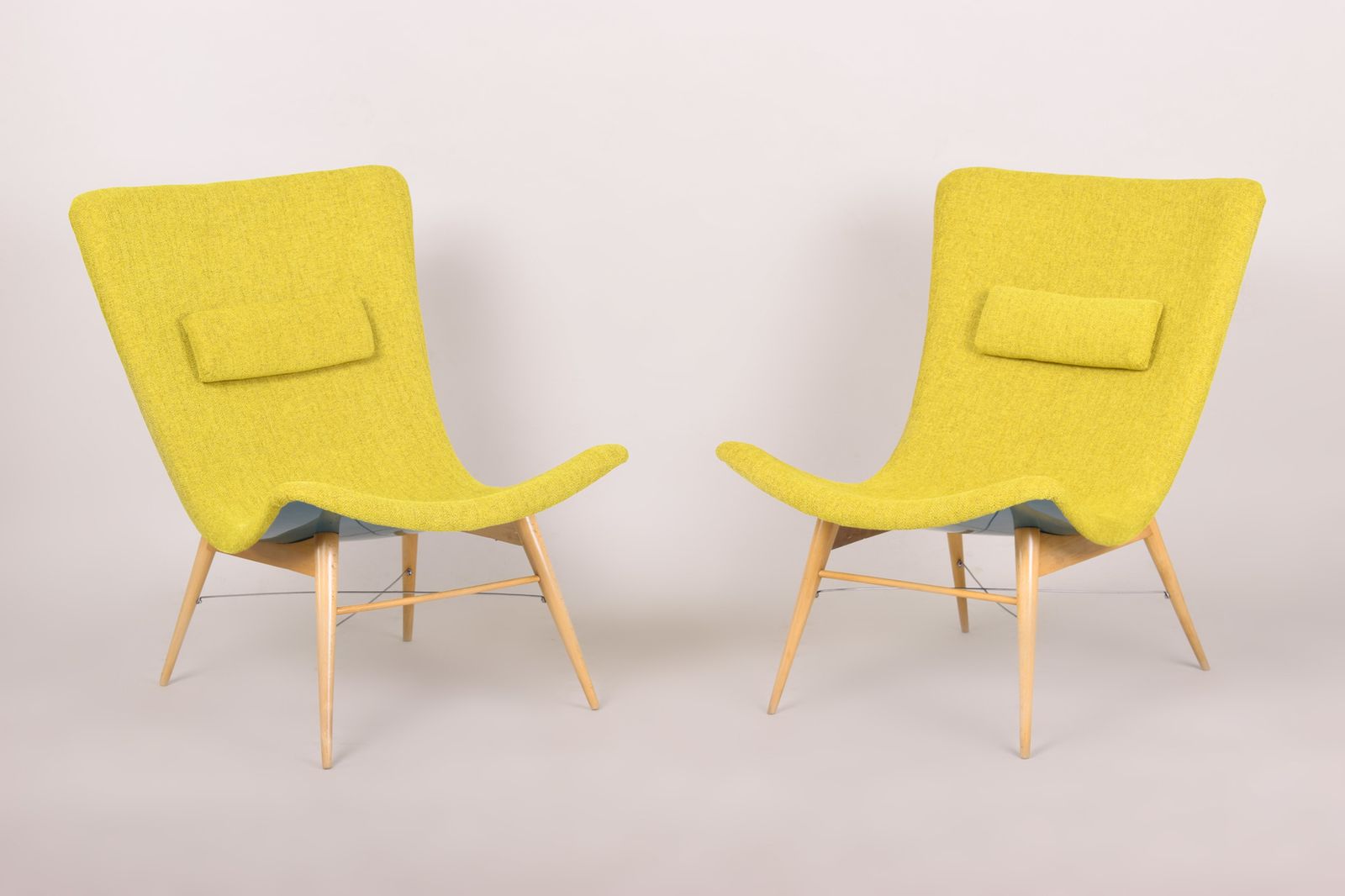 Yellow And Blue Mid Century Armchairs, Made In 1950s Czechia. Fully Restored. photo Furniture