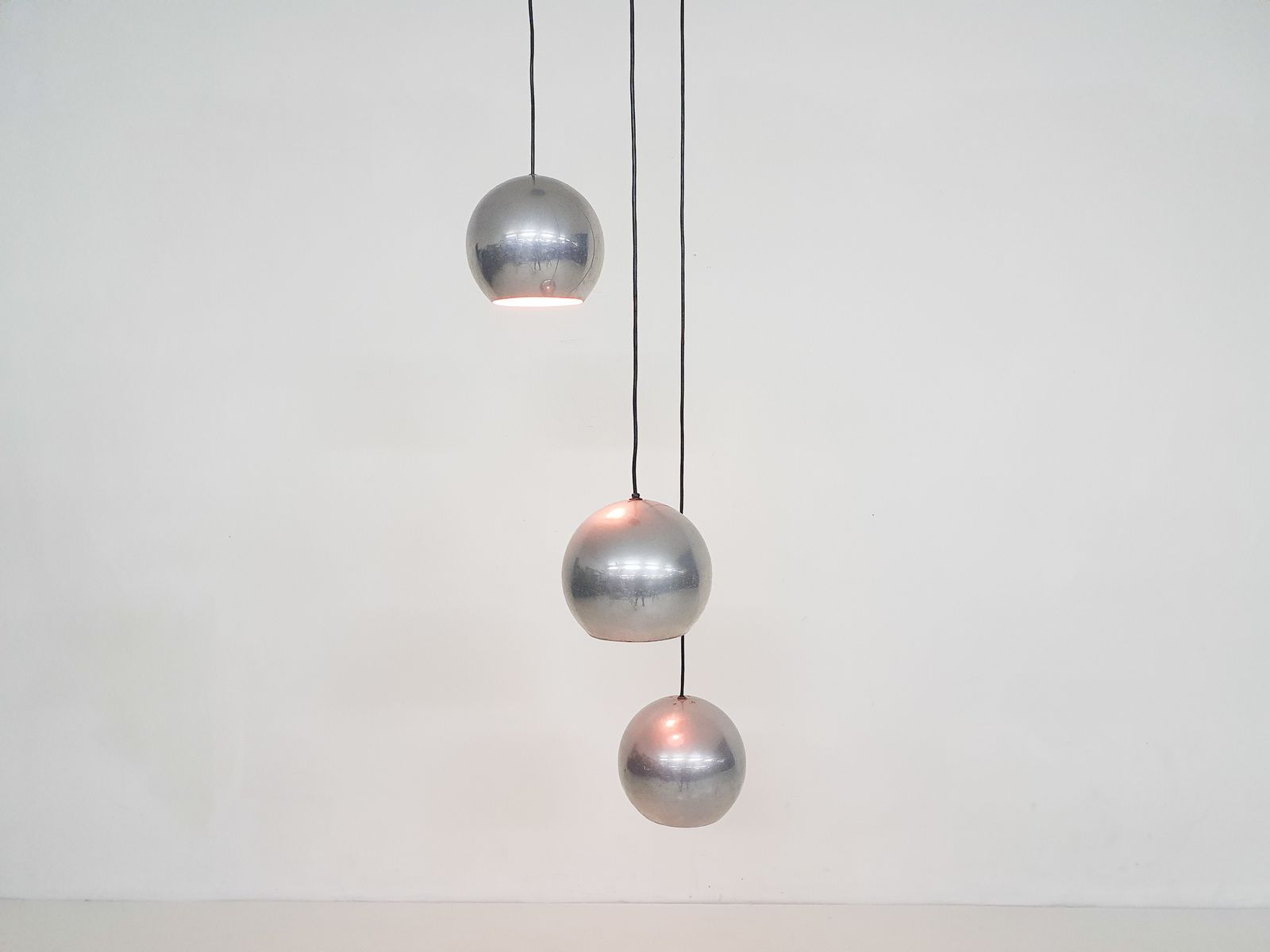 Set Van Drie Metalen Bollampen, Nederland, Ca. Jaren 1960 photo furniture