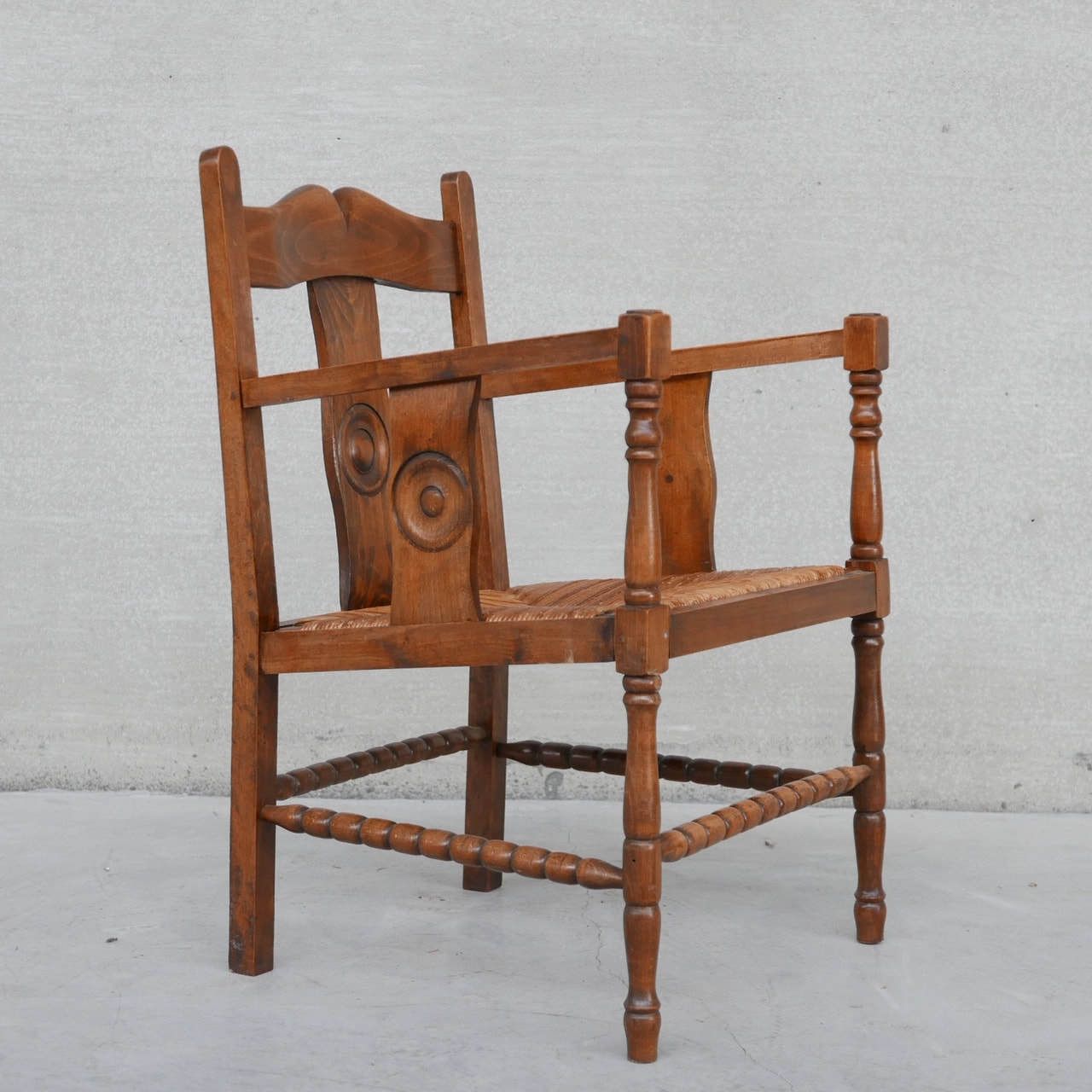 photo vintage Two Pairs Of French Mid Century Rush Oak Armchairs
