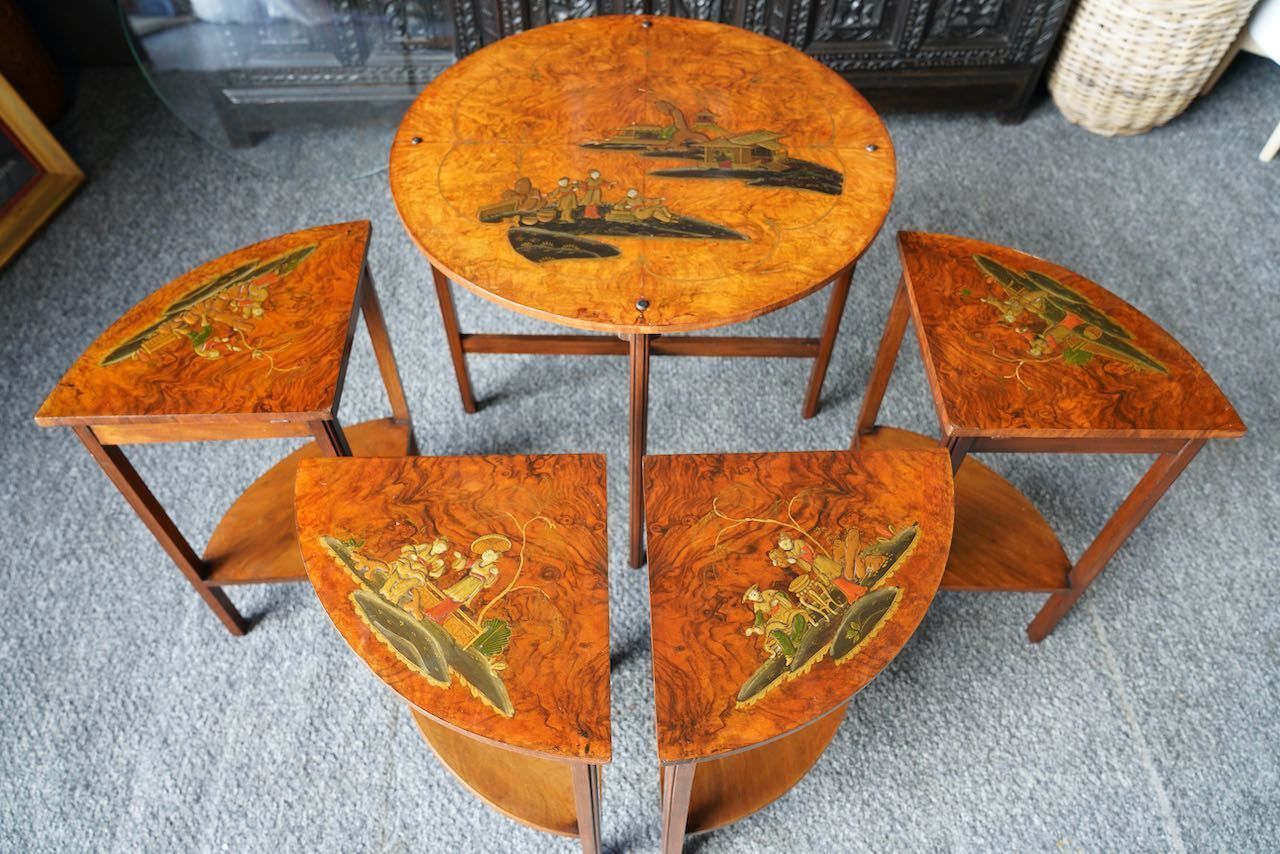 Antique Shibayama Inlaid Japanese Nested Tables In Burr Walnut
