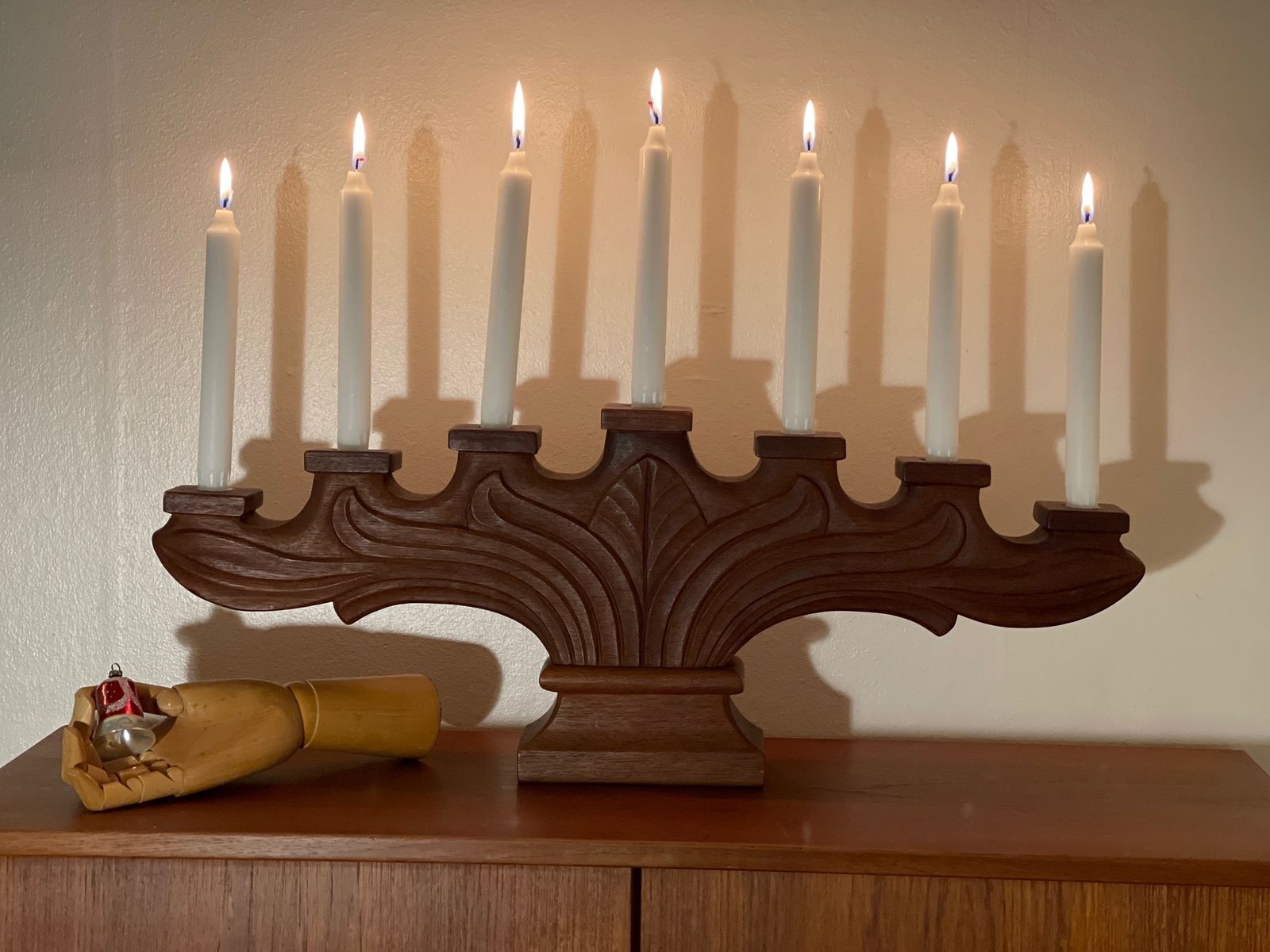 Large, Heavy, Seven Armed Candlestick Carved In Solid Teak, Presumably Swedish. Mid Century Modern. 66 Centimeters Long, Weighs 2.7 Kilos