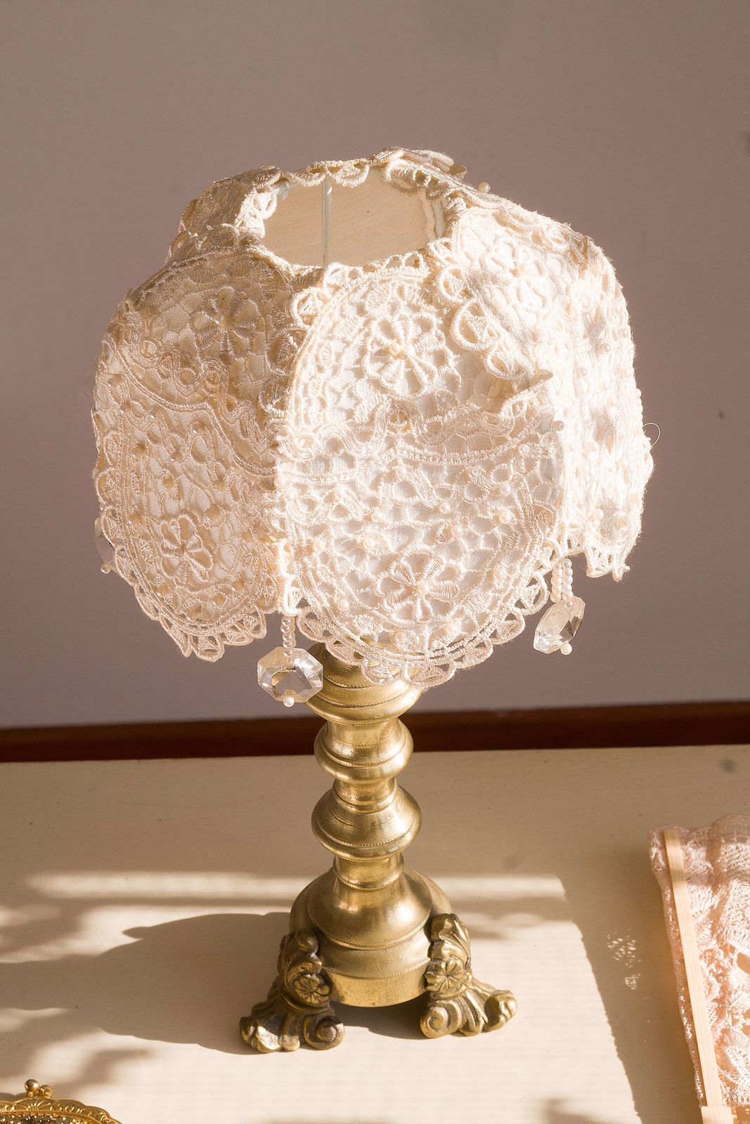 Lampshade With Brass Base, Lampshade With Organza And Pearls Friezes, Hand Sewn. Vintage photo Lighting