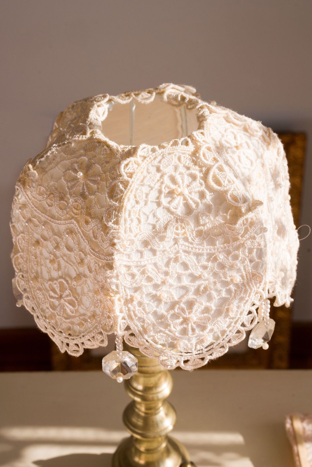 Lampshade With Brass Base, Lampshade With Organza And Pearls Friezes, Hand Sewn. Vintage photo vinterior