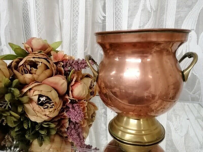 Vintage French Hammered Copper & Embossed Brass Handles Pot/Jar Planter 4 Sale photo for sale