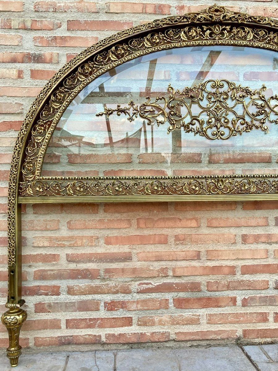 photo for sale 19th Century French Belle époque Bed And Vitrine Nightstands In Bronze, Glass & Iron, Set Of 3