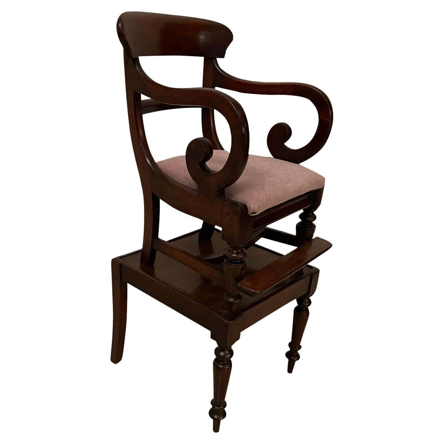 Unusual Antique William IV Quality Mahogany Child’s Armchair And Stand