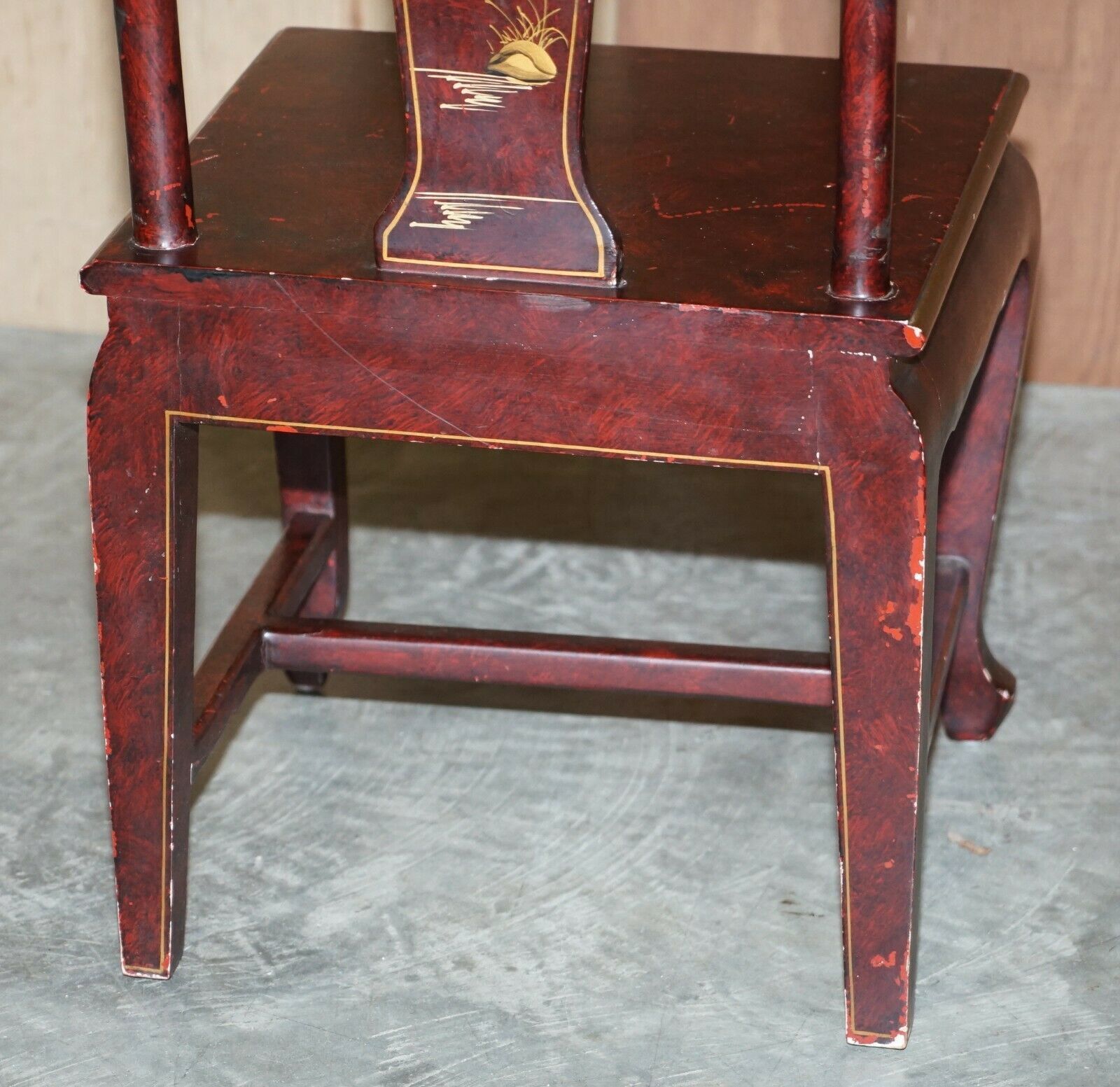 650.0 Antique Chinese Chinoiserie Red Hand Painted Chair Heavy Solid Wood Frame photo