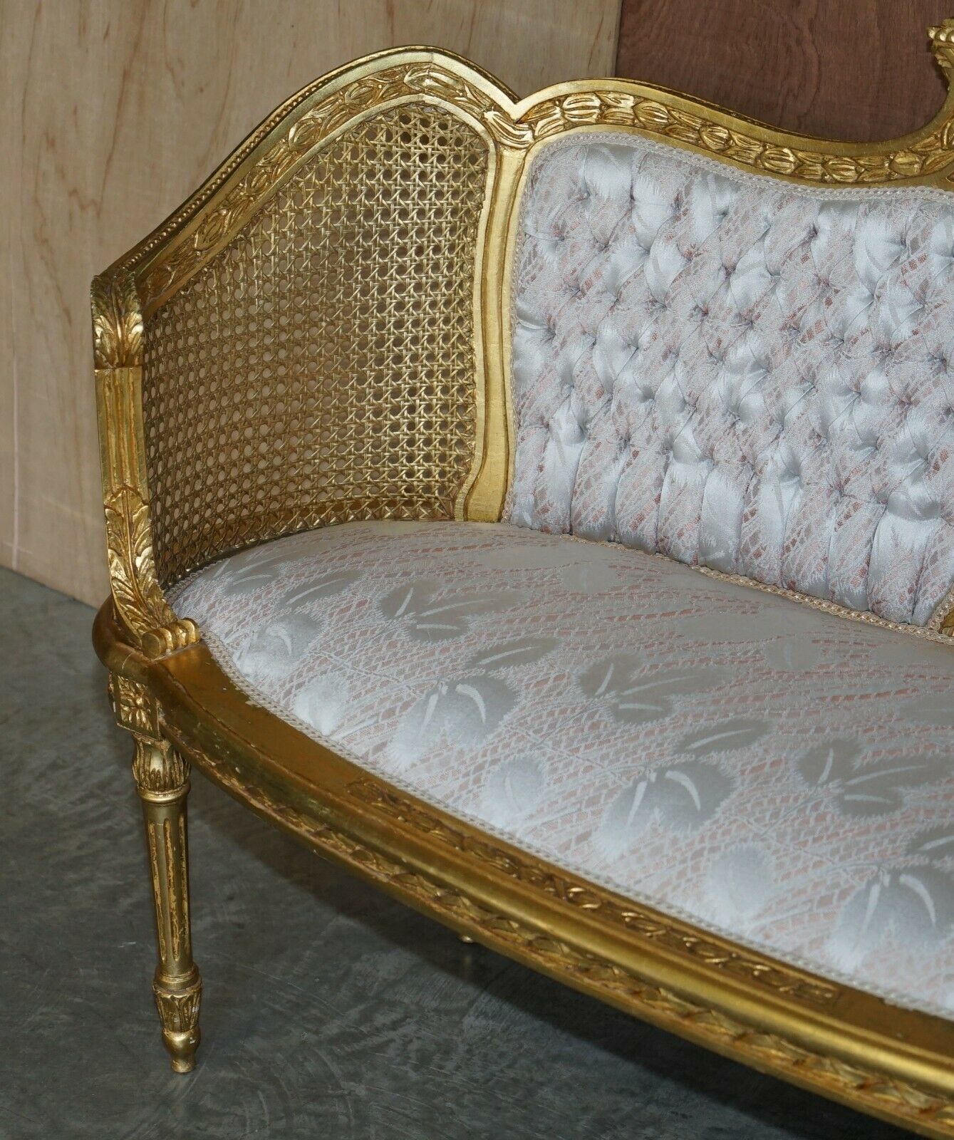 Fine Antique Napoleon III Circa 1870 Gold Giltwood Bergere Louis XVI Sofa Settee photo for sale