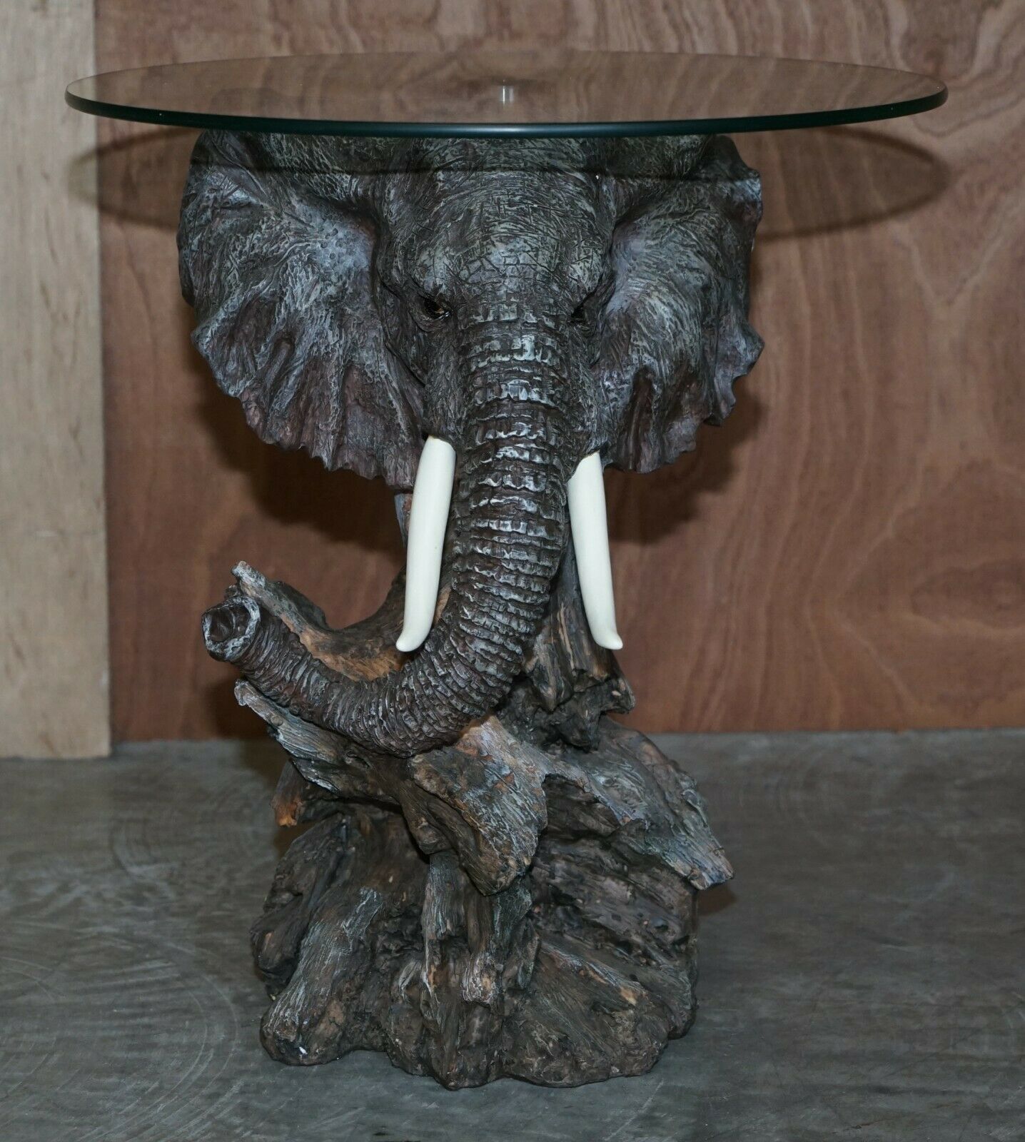 Stunning Realistic Hand Painted Elephants Head Side End Lamp Table Round Glass photo furniture