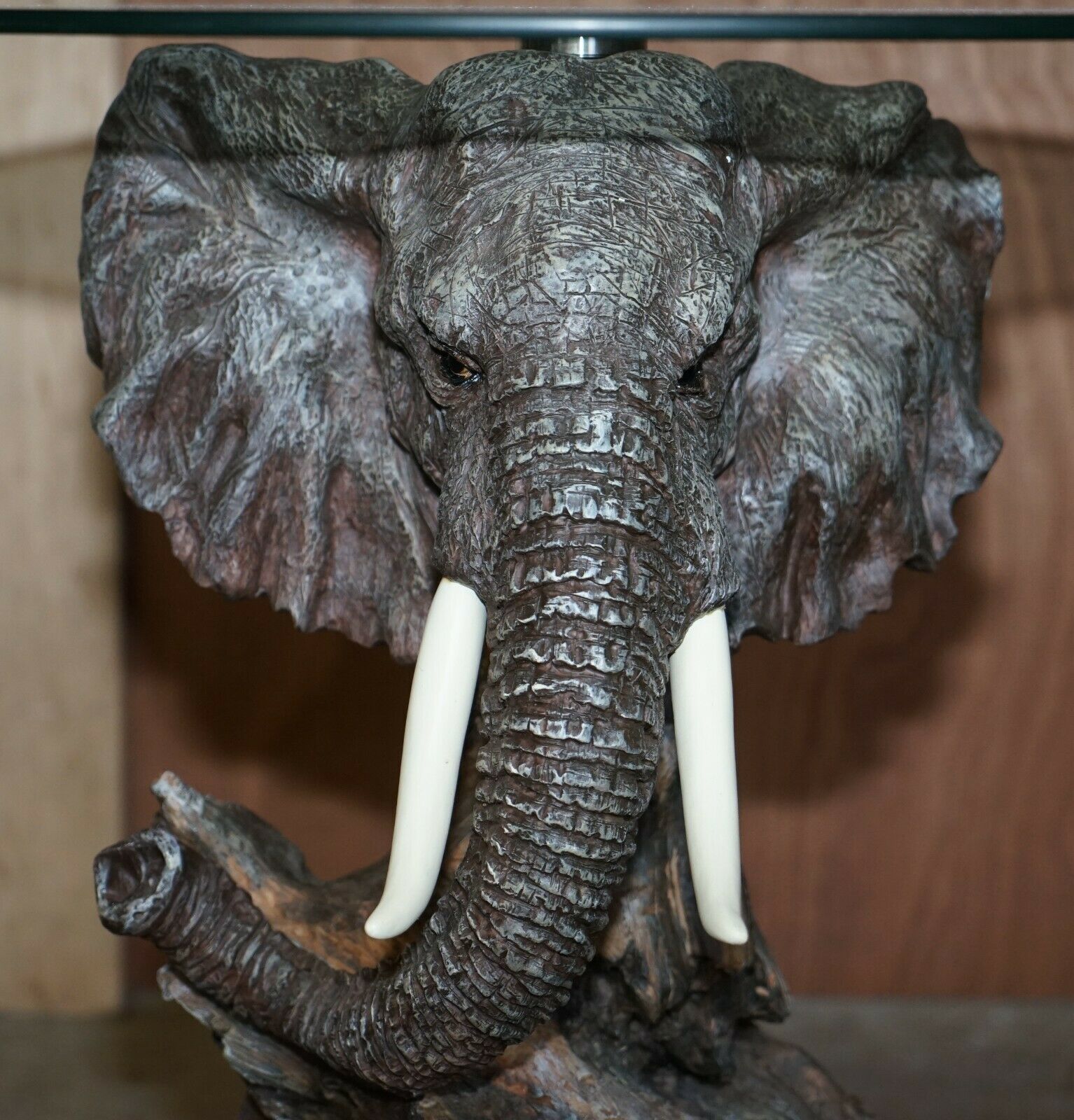 Stunning Realistic Hand Painted Elephants Head Side End Lamp Table Round Glass photo for sale