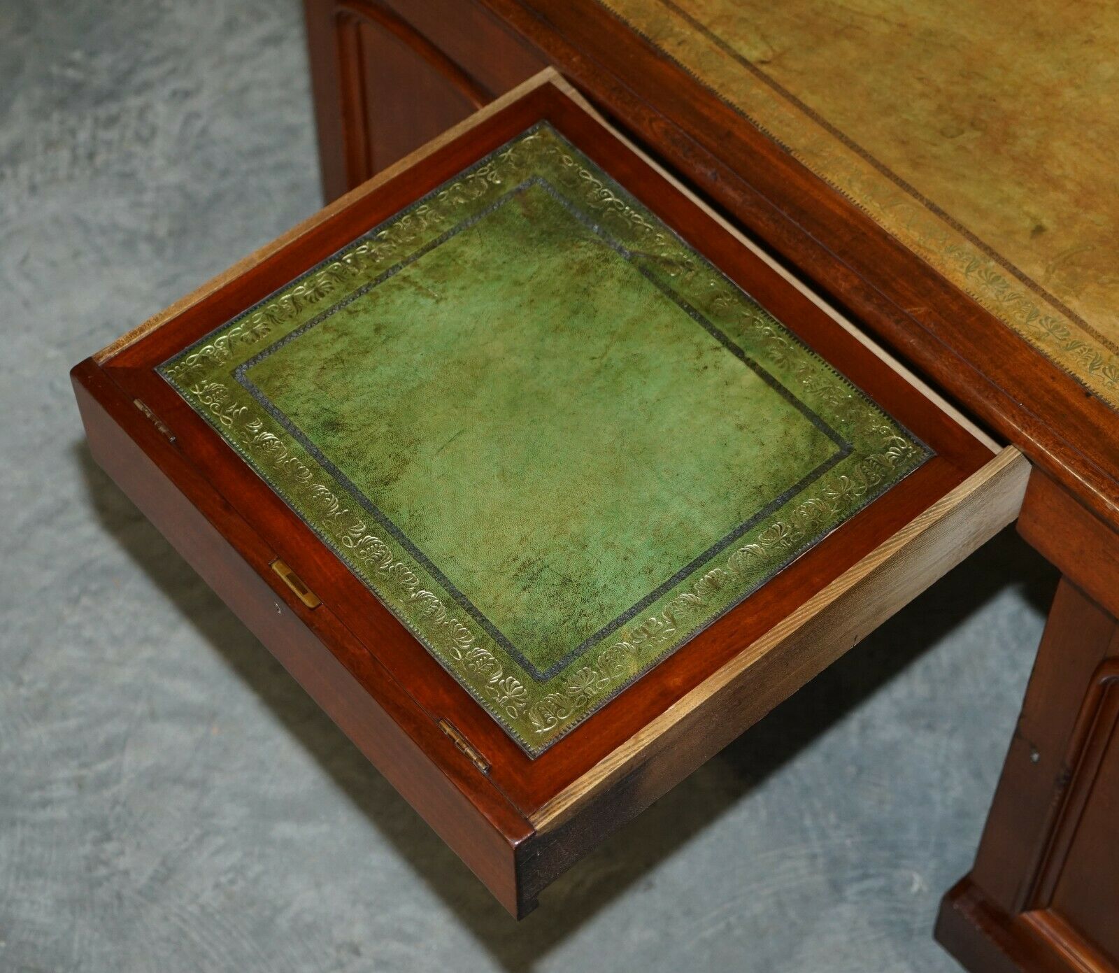 photo for sale Sublime Antique Mahoany Pedestal Desk With Green Leather Writing Slope Drawer