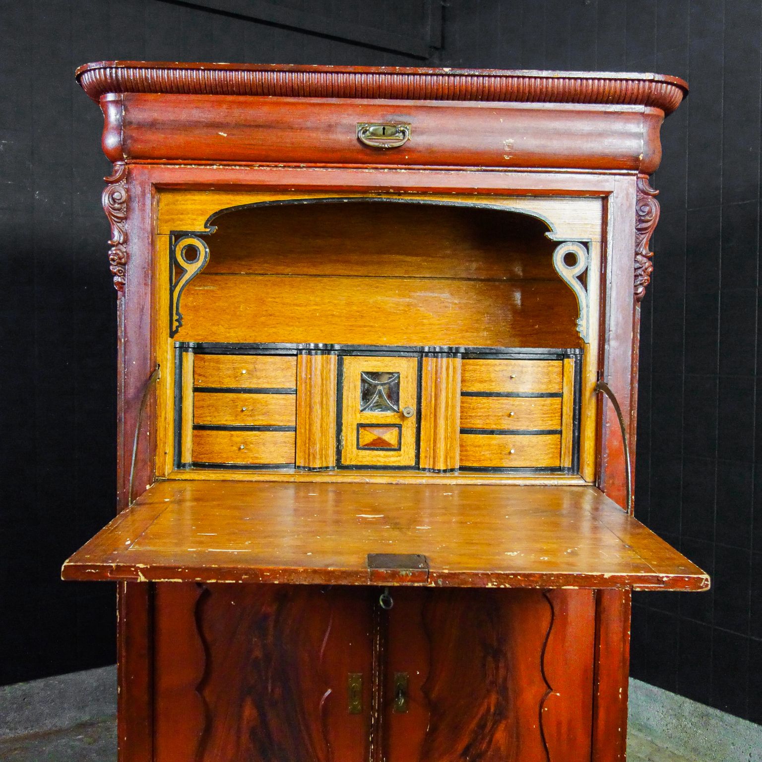 Brocante Dutch Secretary Cabinet   Early 1900   Red photo vinterior