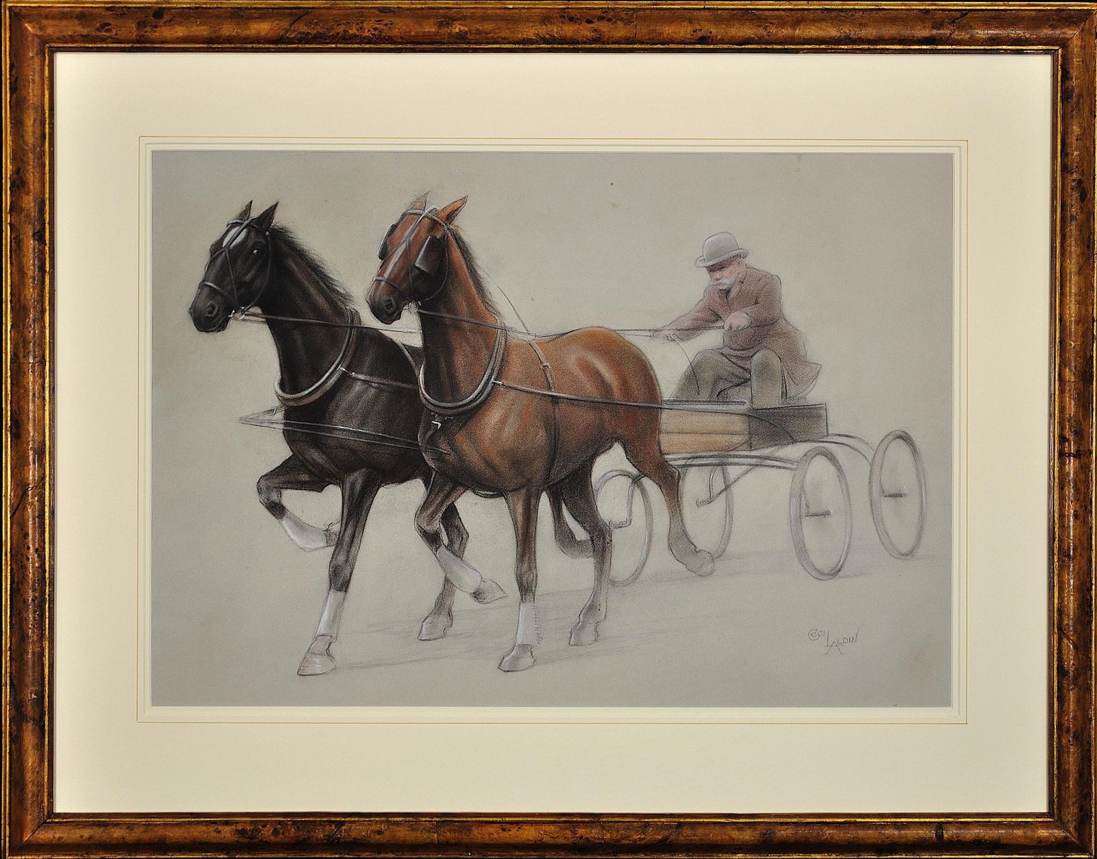 Cecil Charles Windsor Aldin 1870 To 1935. English. Trotting Horses Harnessed To A Lightweight Four Wheel Cart Trap. Walnut Framed Chalk Drawing.